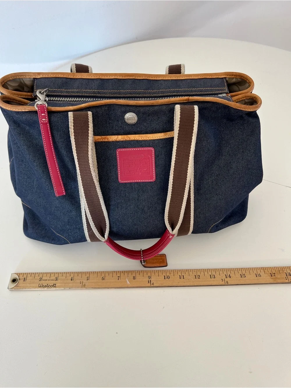 Coach Vintage Y2K Denim Varsity Stripe Large Denim Tote Bag Leather Trim 3K-7544